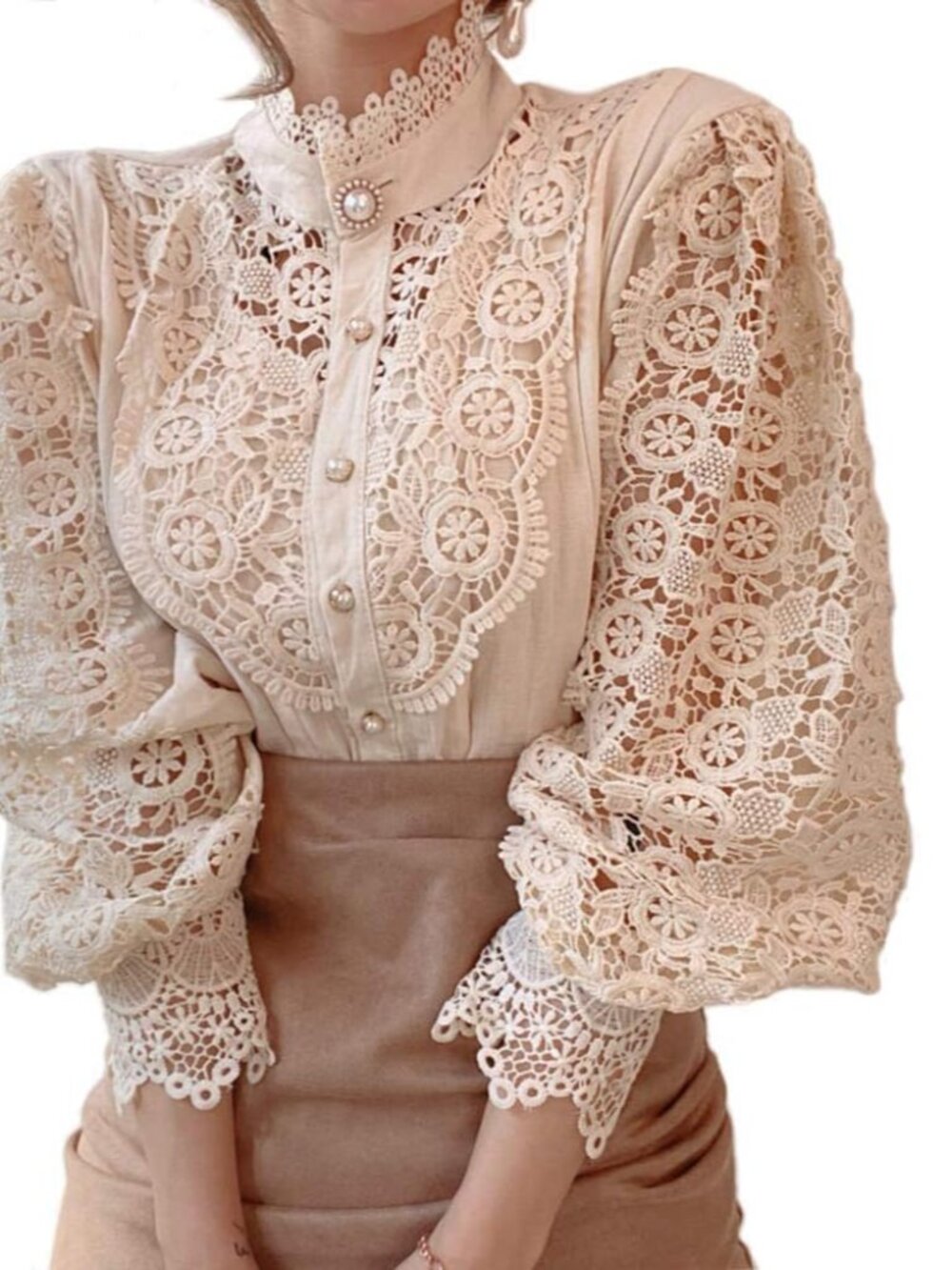 Women’s Elegant Lace Trim Shirts Casual Victorian Blouse Long Sleeve Button Down